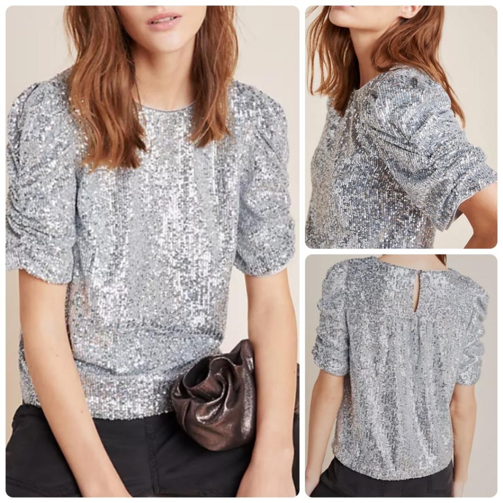 NWT Anthropologie puffed shoulder sequin blouse